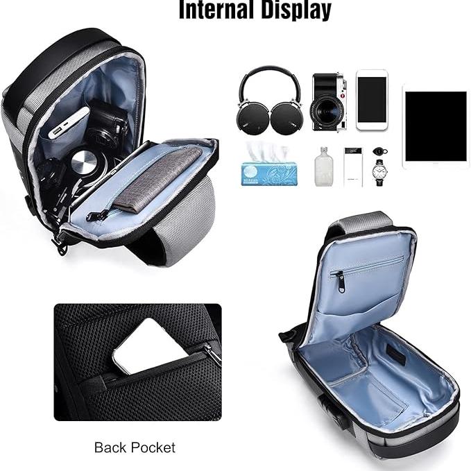 Zaino antifurto grigio con tasche interne, spazio per laptop, cuffie, smartphone e accessori. Design moderno e sicuro per viaggi e lavoro.