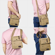 Borsa a tracolla uomo in tela beige, tasche multiple, chiusura zip, stile casual, ideale per viaggi e uso quotidiano.