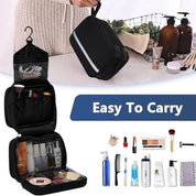 Borsa da toilette nera con gancio, tasche multiple, ideale per viaggi. Include accessori trucco e cura personale. Facile da trasportare.