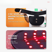 Power bank magnetico wireless 2 in 1 con capacità 2500 mAh, timer 1-30 minuti, luci LED rosse/NIR pulsanti a 10Hz. Accessorio tecnologico innovativo.