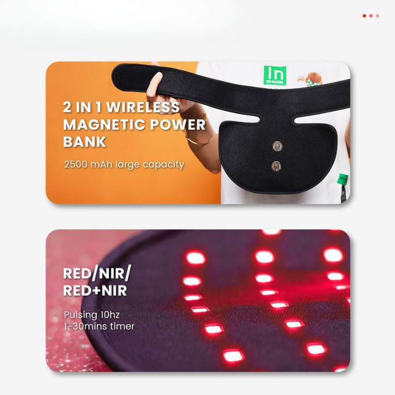 Power bank magnetico wireless 2 in 1 con capacità 2500 mAh, timer 1-30 minuti, luci LED rosse/NIR pulsanti a 10Hz. Accessorio tecnologico innovativo.