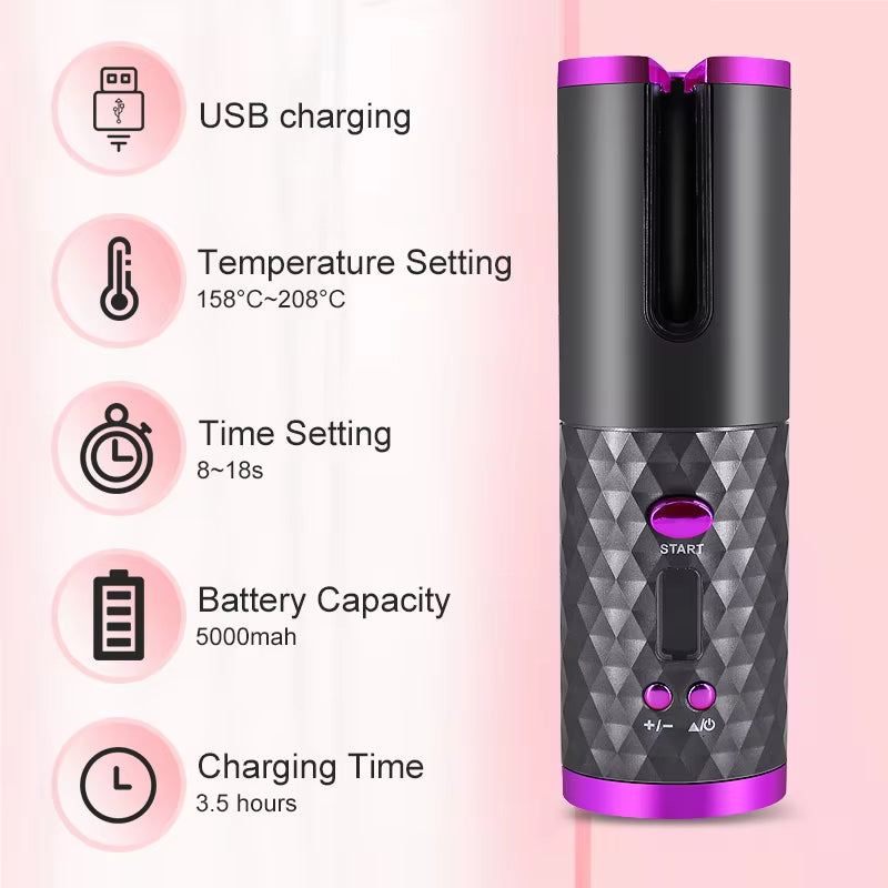 Arricciacapelli automatico senza fili, nero e viola, con impostazioni di temperatura 158-208°C, batteria 5000mAh, ricarica USB, tempo di carica 3,5 ore.
