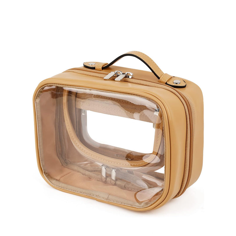 Borsa da viaggio trasparente in PVC beige con manico, doppia zip e design compatto. Ideale per cosmetici e accessori.