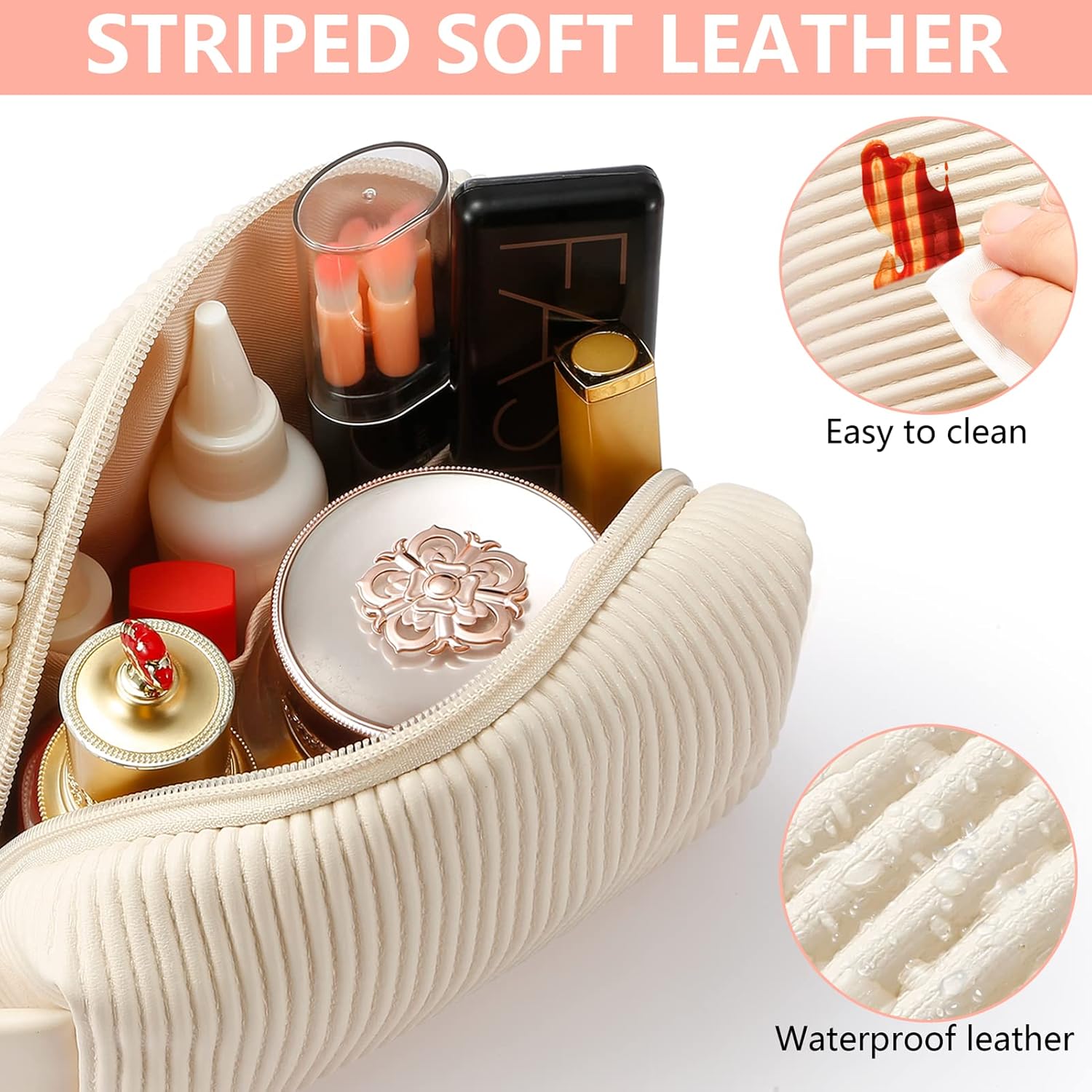 Borsa cosmetica in pelle morbida a righe, impermeabile e facile da pulire, con vari prodotti di bellezza all'interno. Ideale per viaggi e organizzazione.