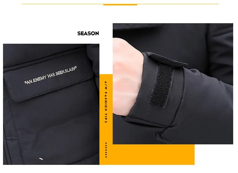 Giacca invernale nera da uomo con chiusura a strappo, design moderno, tessuto resistente, ideale per la stagione fredda.