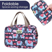 Borsa pieghevole con stampa elefanti colorati, ideale per risparmiare spazio. Perfetta per viaggi, organizzazione e stoccaggio efficiente.