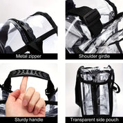 Zaino trasparente con cerniera in metallo, manico robusto, tracolla regolabile e tasca laterale trasparente. Ideale per scuola e viaggi.