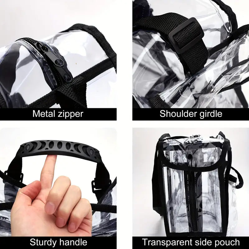 Zaino trasparente con cerniera in metallo, manico robusto, tracolla regolabile e tasca laterale trasparente. Ideale per scuola e viaggi.