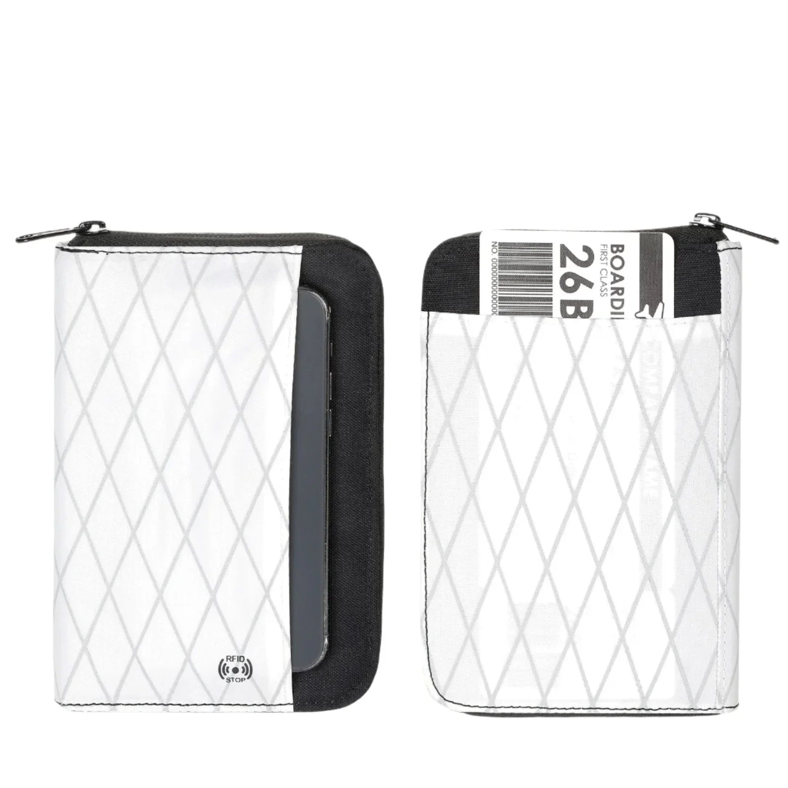 Portafoglio bianco con motivo a rombi, tasca per smartphone e zip. Design moderno, compatto, ideale per viaggi e uso quotidiano.