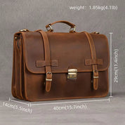 Borsa a tracolla in pelle marrone, dimensioni 40x29x14 cm, peso 1,85 kg. Design elegante con fibbie e manico, ideale per lavoro e viaggi.