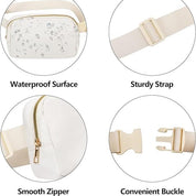 Marsupio bianco impermeabile con cerniera liscia, cintura robusta e fibbia comoda. Accessorio moda pratico e resistente all'acqua.