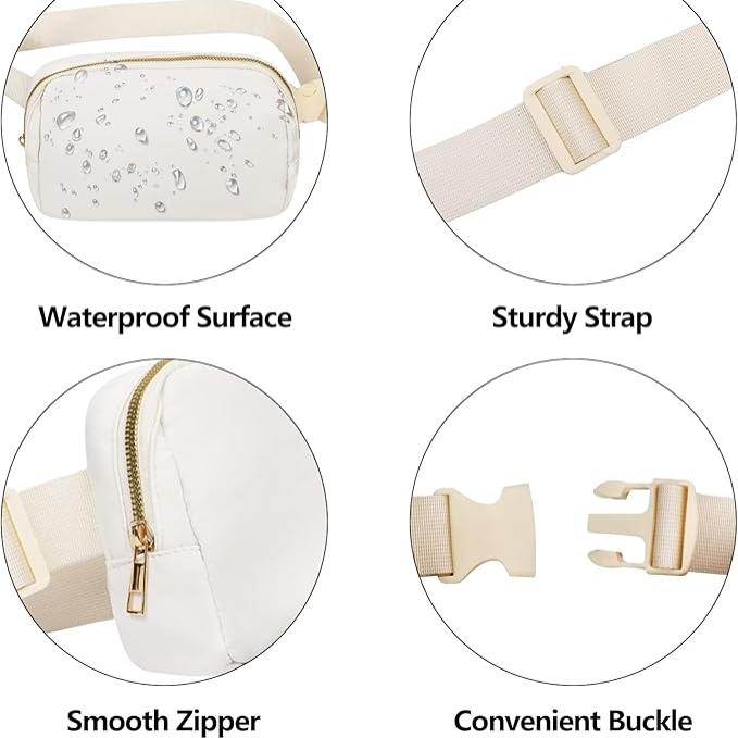Marsupio bianco impermeabile con cerniera liscia, cintura robusta e fibbia comoda. Accessorio moda pratico e resistente all'acqua.
