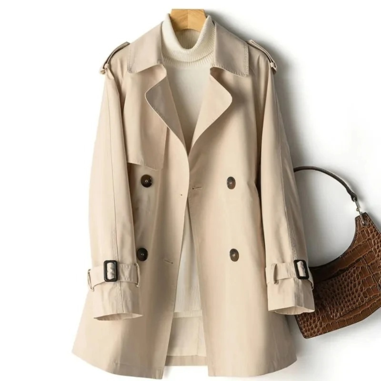 Cappotto trench beige da donna con cintura, bottoni doppi, colletto classico, abbinato a maglione bianco e borsa marrone a spalla.