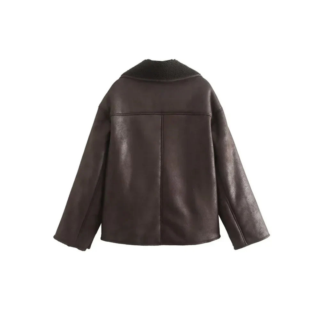 Giacca in pelle marrone scuro con fodera in shearling, design classico, maniche lunghe, ideale per moda invernale uomo, stile casual elegante.