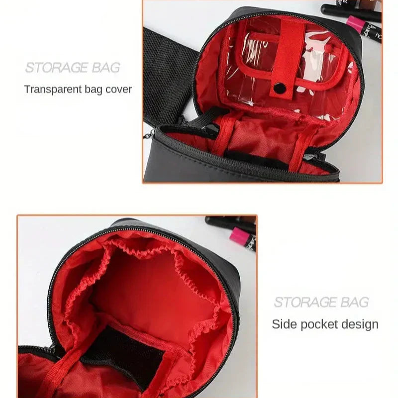 Borsa portaoggetti nera con interno rosso, tasca trasparente e design a tasca laterale. Ideale per organizzare accessori e cosmetici.