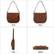 Borsa a tracolla in pelle marrone, vista frontale, posteriore, laterale e inferiore. Design elegante, chiusura a fibbia, ideale per moda donna.