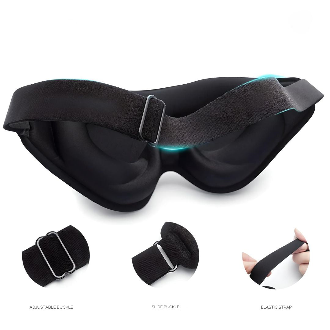 Maschera per dormire nera con cinturino elastico regolabile, fibbia scorrevole e imbottitura ergonomica per comfort e blocco della luce.