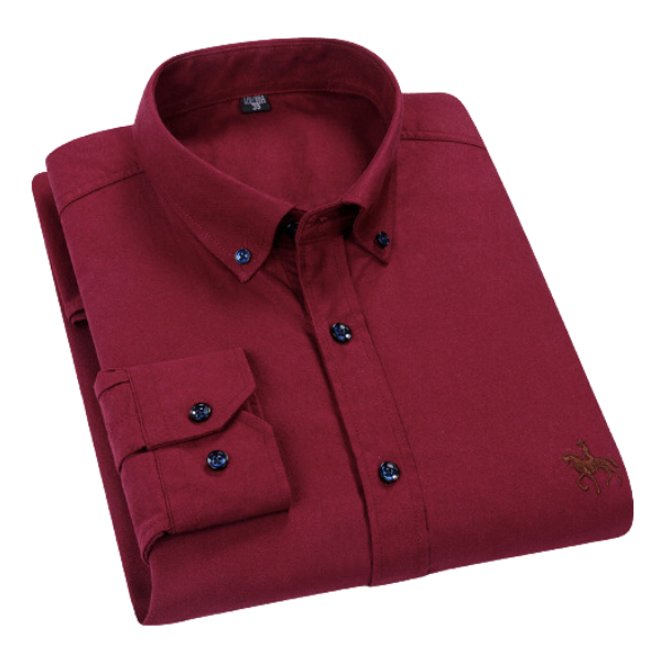 Camicia uomo bordeaux elegante, maniche lunghe, bottoni blu, colletto classico. Ideale per abbigliamento formale e casual. 100% cotone.