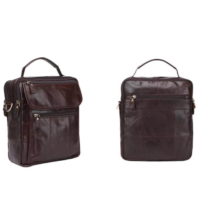 Borsa a tracolla in pelle marrone scuro, design elegante e funzionale, con tasche multiple e chiusura a zip, ideale per lavoro e viaggio.