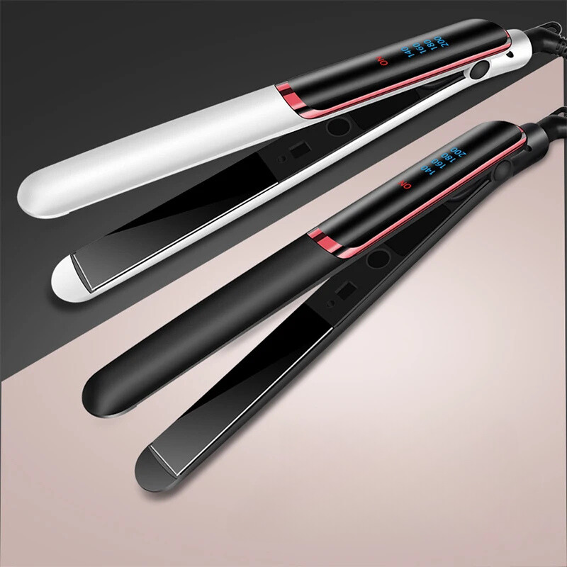 Piastra per capelli professionale, display digitale, design elegante nero e bianco, tecnologia ceramica, riscaldamento rapido, styling liscio.