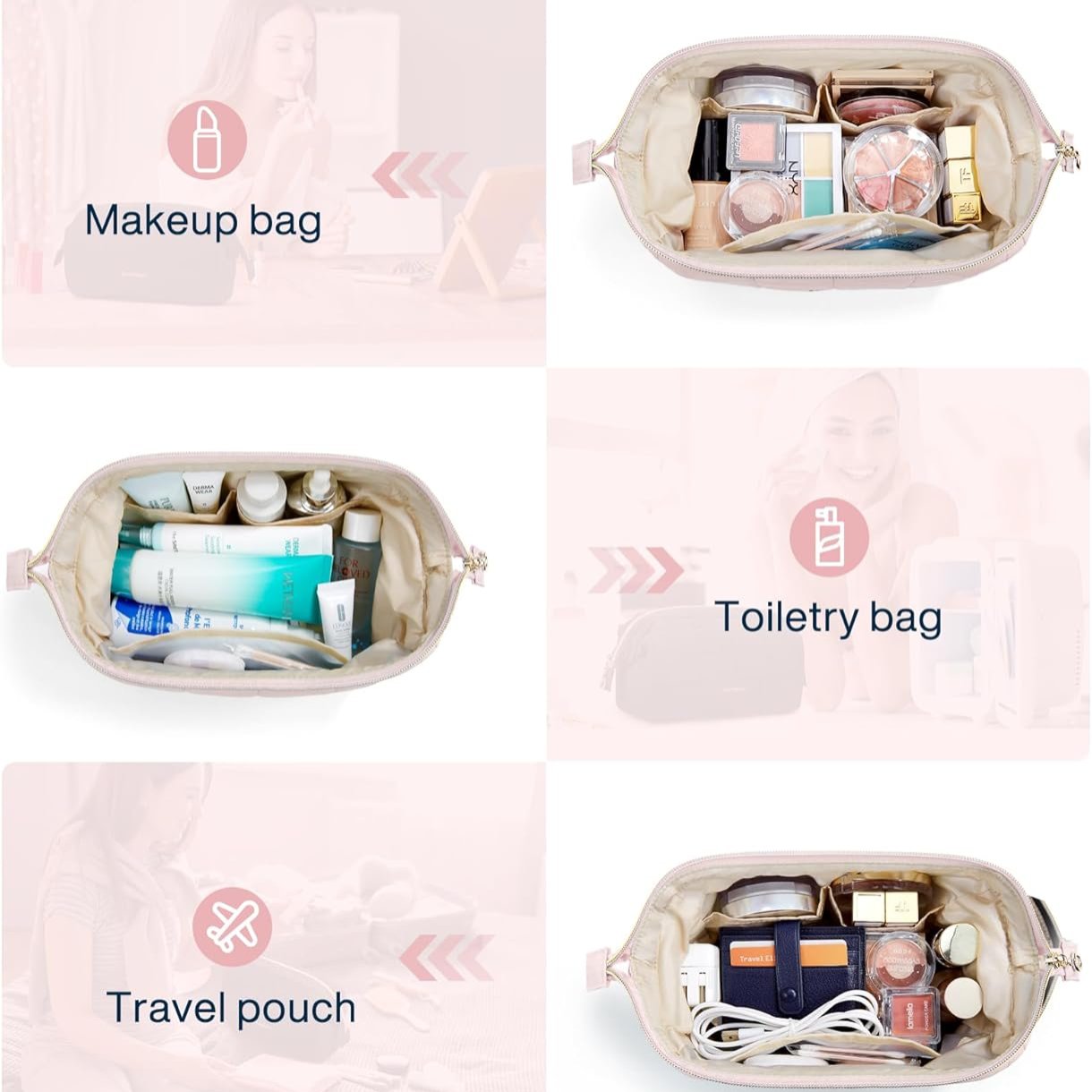 Borsa da trucco beige con scomparti, ideale per cosmetici, articoli da toeletta e accessori da viaggio. Organizzazione pratica e versatile.