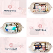 Borsa da trucco beige con scomparti, ideale per cosmetici, articoli da toeletta e accessori da viaggio. Organizzazione pratica e versatile.