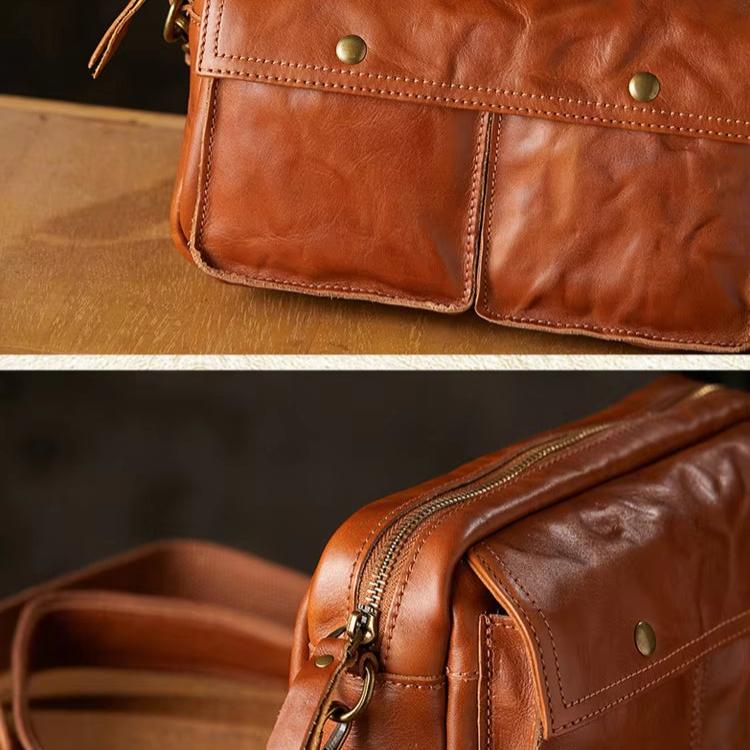 Borsa a tracolla in pelle marrone con tasche frontali e cerniera superiore, design elegante e funzionale, accessorio moda uomo e donna.