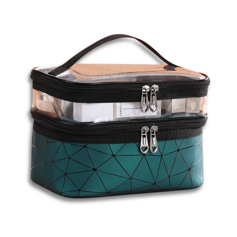 Borsa cosmetica trasparente con doppia cerniera, design geometrico verde, ideale per organizzare trucchi e accessori da viaggio.