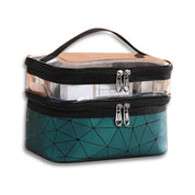 Borsa cosmetica trasparente con doppia cerniera, design geometrico verde, ideale per organizzare trucchi e accessori da viaggio.