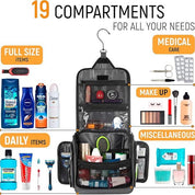 Organizer da viaggio appeso con 19 scomparti, contenente articoli per igiene personale, trucco e cura medica. Ideale per viaggi e organizzazione.