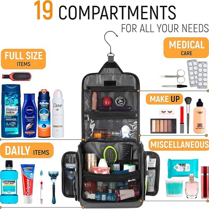 Organizer da viaggio appeso con 19 scomparti, contenente articoli per igiene personale, trucco e cura medica. Ideale per viaggi e organizzazione.