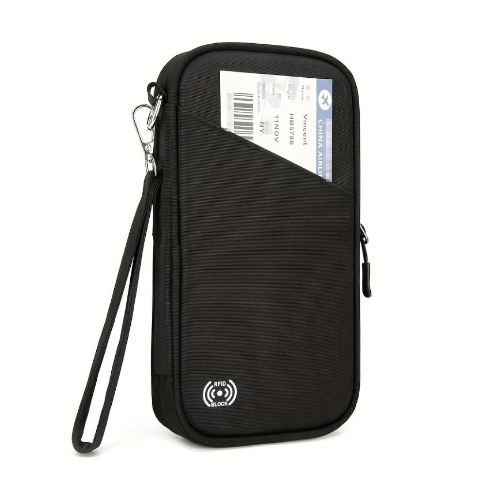 Custodia da viaggio nera con protezione RFID, tasca frontale per biglietti aerei, cinturino da polso e chiusura a zip. Accessorio viaggio sicuro.