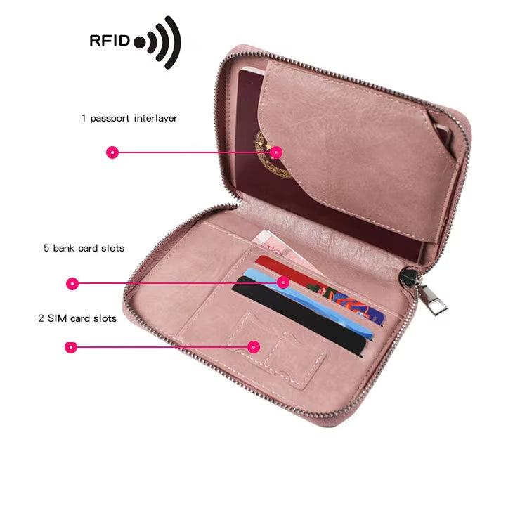 Portafoglio da viaggio rosa con protezione RFID, scomparto per passaporto, 5 slot per carte di credito, 2 slot per SIM. Design compatto e sicuro.