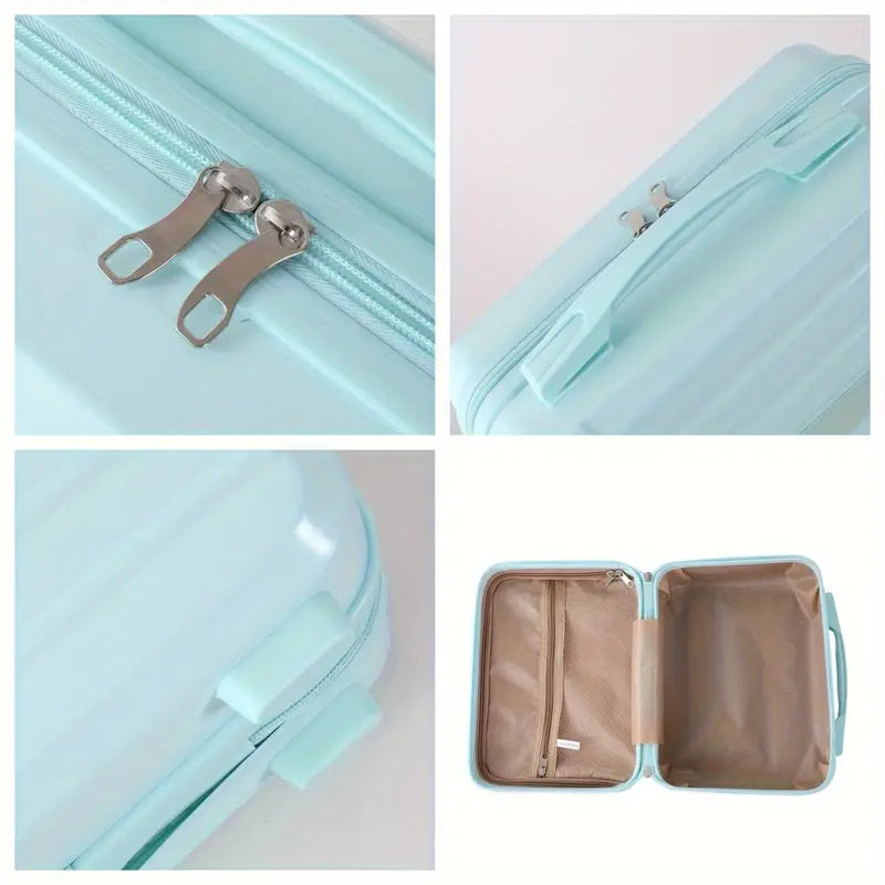 Valigia rigida azzurra con cerniera doppia, manico ergonomico e interno spazioso. Ideale per viaggi, bagaglio a mano, resistente e leggera.