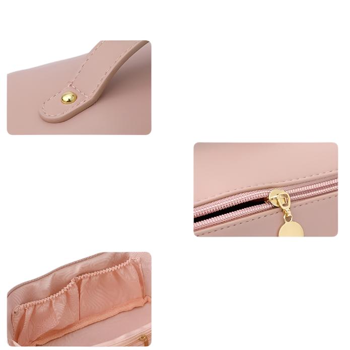 Borsa cosmetica rosa in pelle sintetica con cerniera dorata, dettagli interni spaziosi e tasche multiple. Elegante e pratica per il viaggio.
