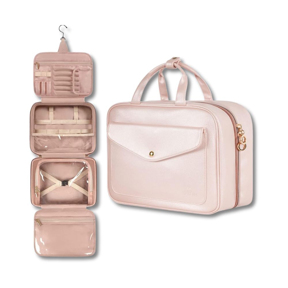 Borsa da viaggio rosa con gancio, scomparti multipli, tasche trasparenti, ideale per cosmetici e accessori. Design elegante e funzionale.