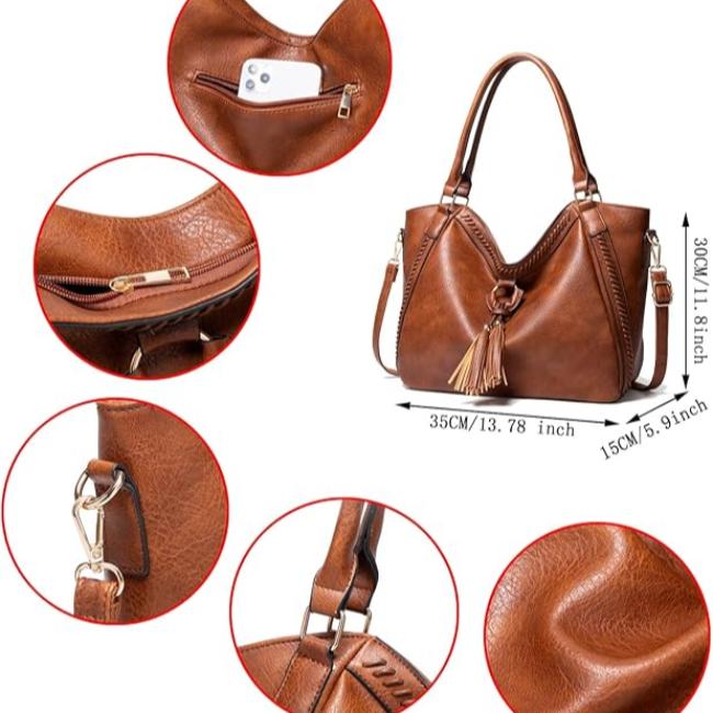 Borsa a spalla in pelle marrone con tasche multiple, dettagli in metallo dorato, cerniere, tracolla regolabile e decorazione con nappina.