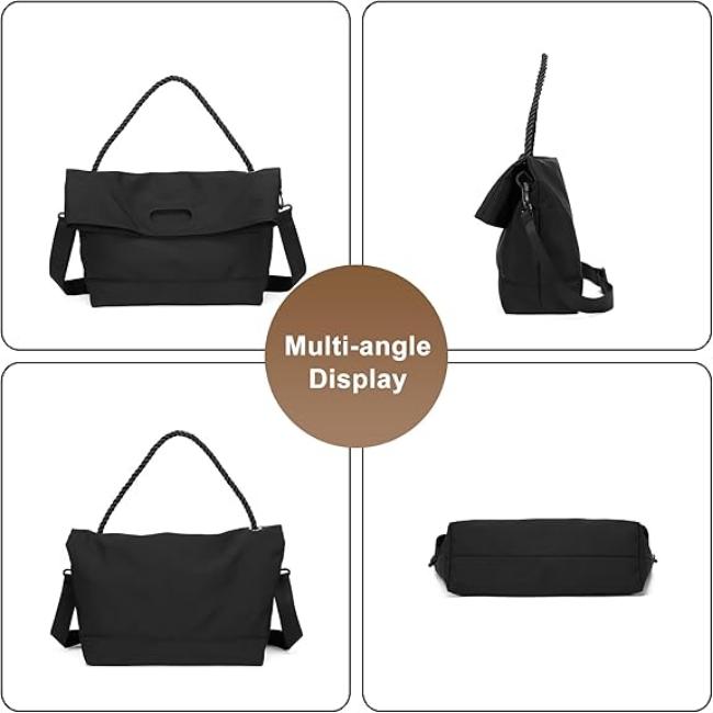 Borsa a tracolla nera in tessuto, design multi-angolo, manico intrecciato, chiusura superiore, ideale per moda donna, accessorio versatile e elegante.