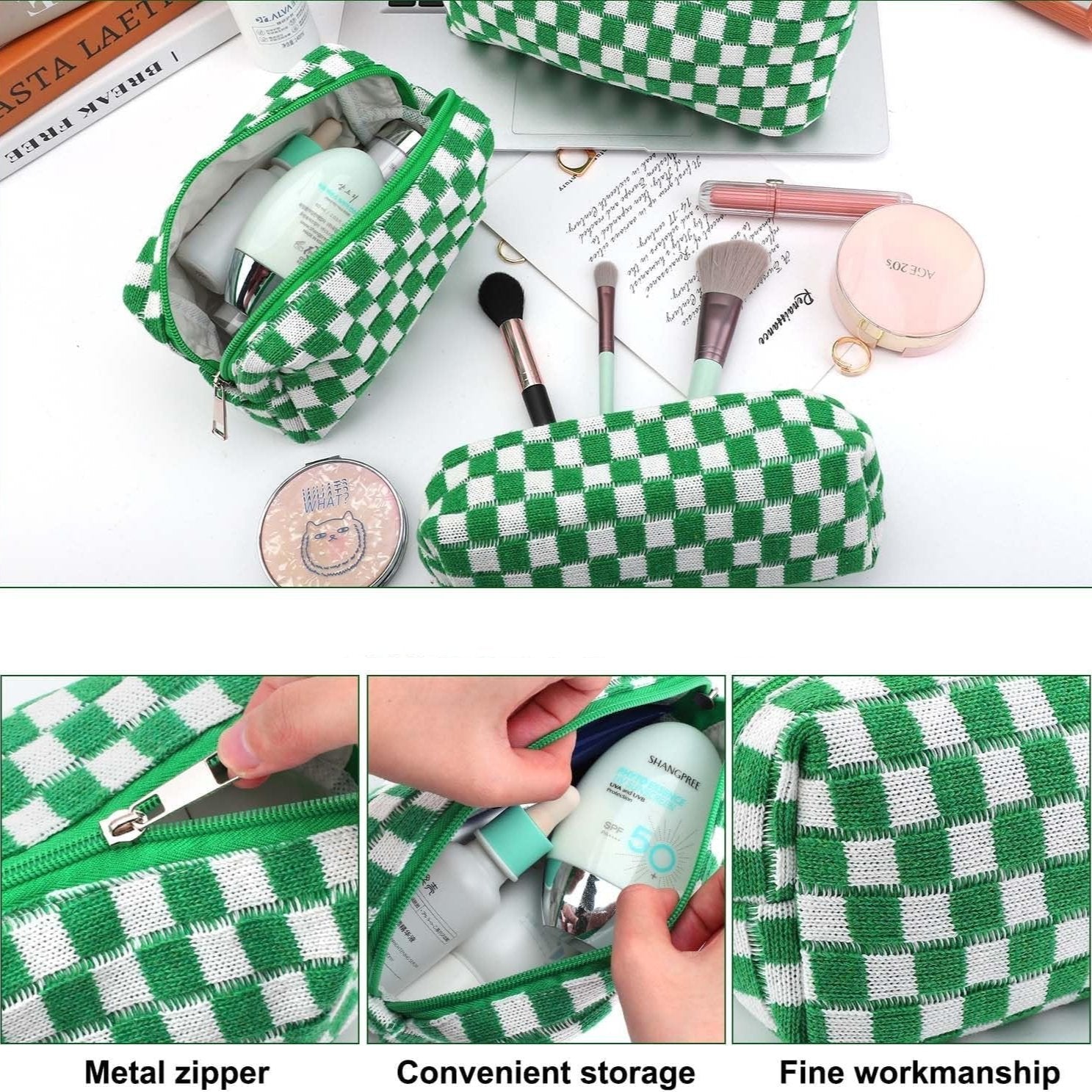 Set di beauty case a scacchi verdi e bianchi con cerniera in metallo, contenente cosmetici e pennelli. Ideale per organizzare trucchi e accessori.