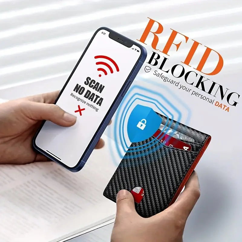 Portafoglio in fibra di carbonio con blocco RFID, protezione dati personali, design moderno, compatto, ideale per sicurezza carte di credito.