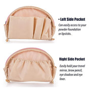 Borsa cosmetica beige con tasche laterali, ideale per fondotinta, rossetti, specchio da viaggio, matita sopracciglia, ombretto e eyeliner.