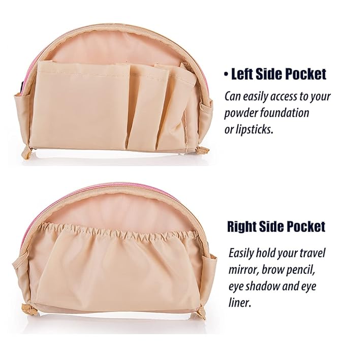 Borsa cosmetica beige con tasche laterali, ideale per fondotinta, rossetti, specchio da viaggio, matita sopracciglia, ombretto e eyeliner.
