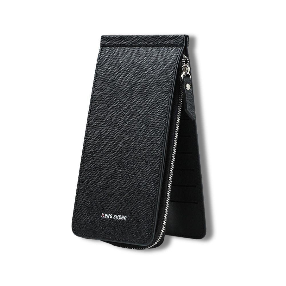 Portafoglio uomo nero in pelle con cerniera, design verticale, marchio Heng Sheng, elegante e funzionale, ideale per carte e contanti.