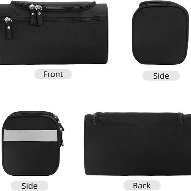 Borsa termica nera multifunzione, vista frontale, laterale e posteriore. Design compatto, ideale per pranzo, picnic, viaggio. Tasche con zip.
