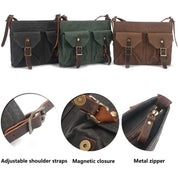 Borse a tracolla in tela vintage con chiusura magnetica, cerniera in metallo, cinturini regolabili, tasche frontali, disponibili in nero, verde e marrone.