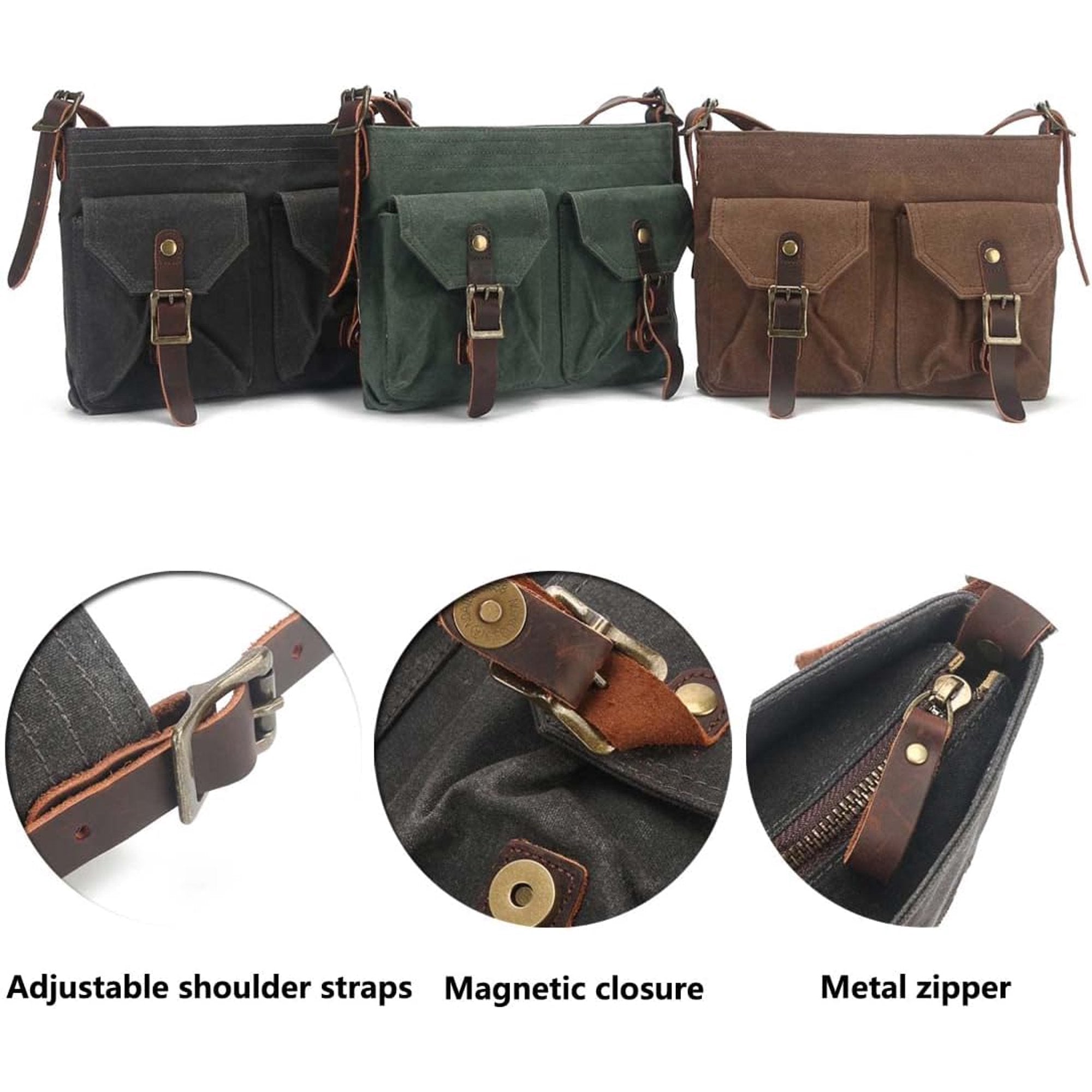 Borse a tracolla in tela vintage con chiusura magnetica, cerniera in metallo, cinturini regolabili, tasche frontali, disponibili in nero, verde e marrone.