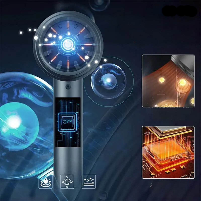 Asciugacapelli ionico avanzato con display digitale, tecnologia a infrarossi e design futuristico. Ideale per asciugatura rapida e protezione capelli.