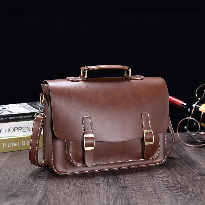 Borsa a tracolla in pelle marrone, design elegante con fibbie dorate, ideale per lavoro e ufficio. Accessorio moda uomo, stile classico.