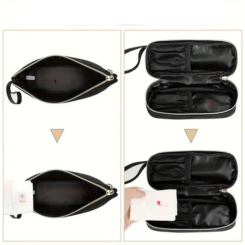 Astuccio nero in pelle sintetica con cerniera, tasche interne multiple, ideale per cosmetici o accessori. Design elegante e funzionale.