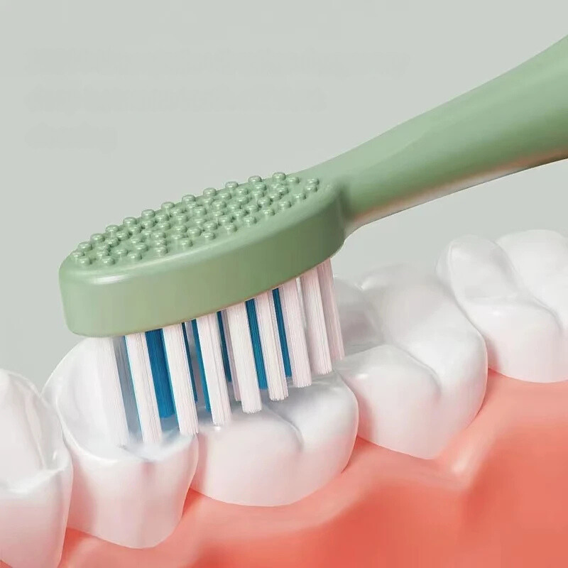 Spazzolino da denti verde con setole bianche e blu che pulisce denti su modello gengivale. Cura dentale, igiene orale, pulizia denti.